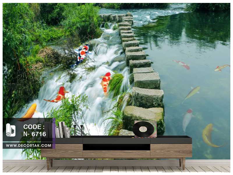 پوستر دیواری طبیعت کدN-6716 طرح آبشار و ماهی